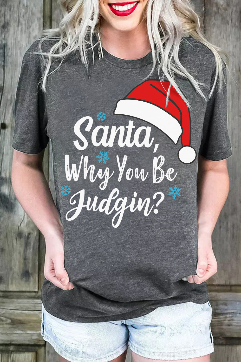 Gray Christmas Santa Hat Graphic Tee