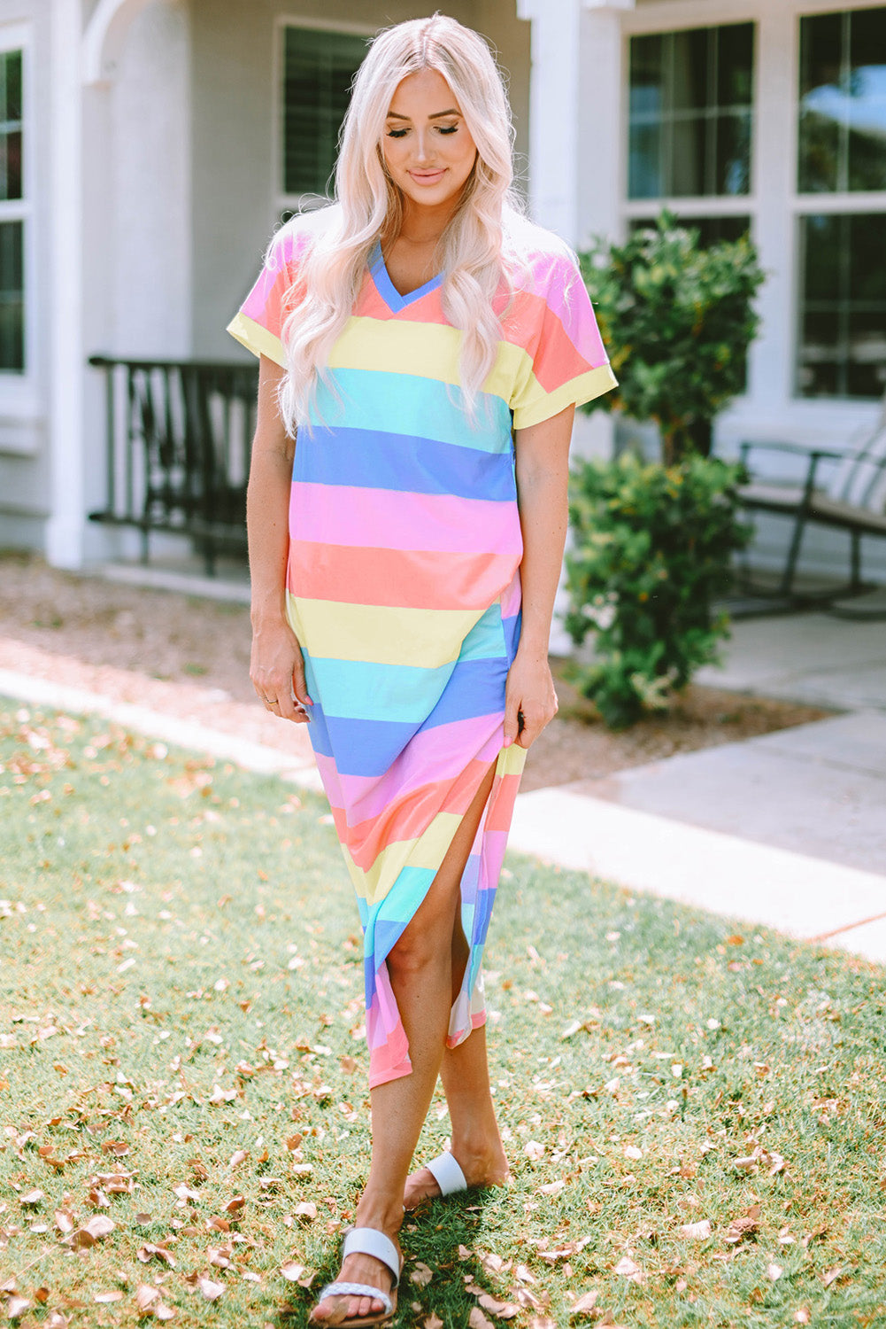 Multicolor Colorblock Pocketed V Neck T-shirt Dress