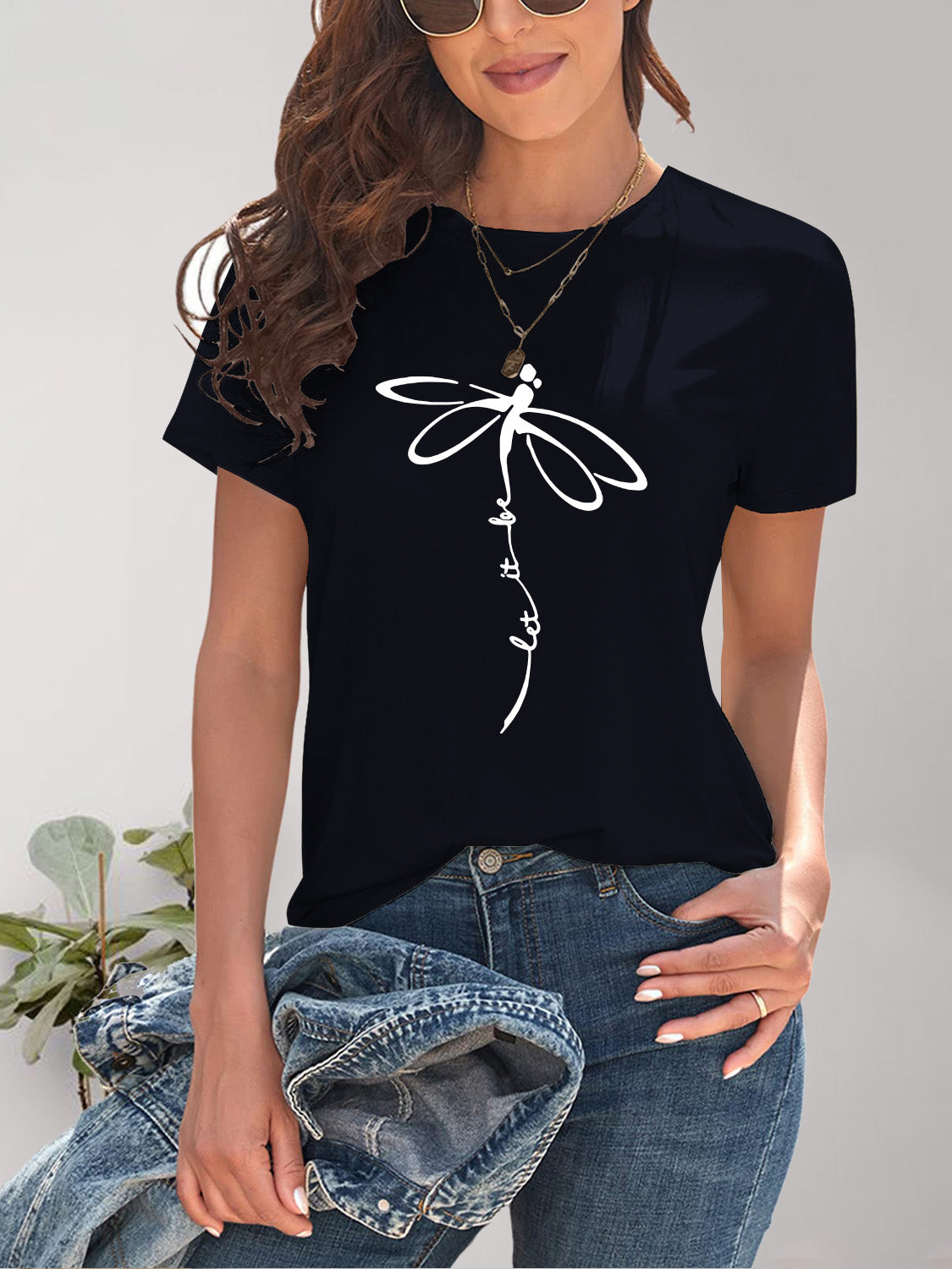 Dragonfly Graphic Round Neck Short Sleeve T-Shirt