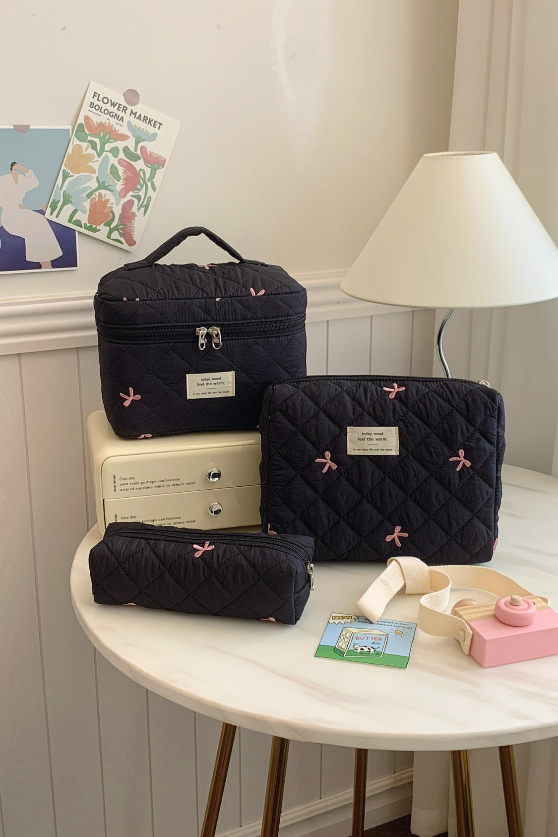 3 Piece Bow Quilted Cloth Storage Bag Set