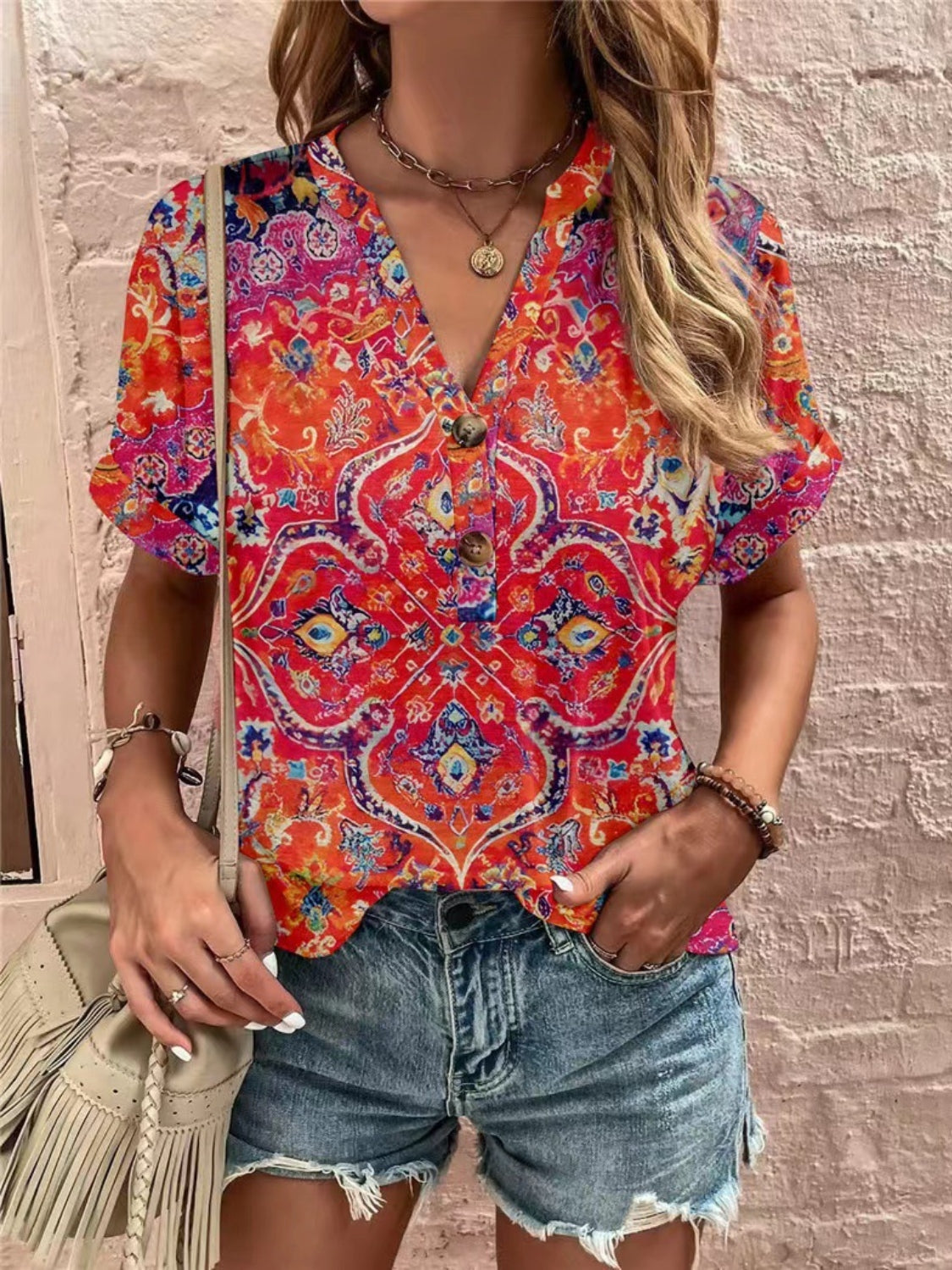 Printed Notched Short Sleeve Blouse