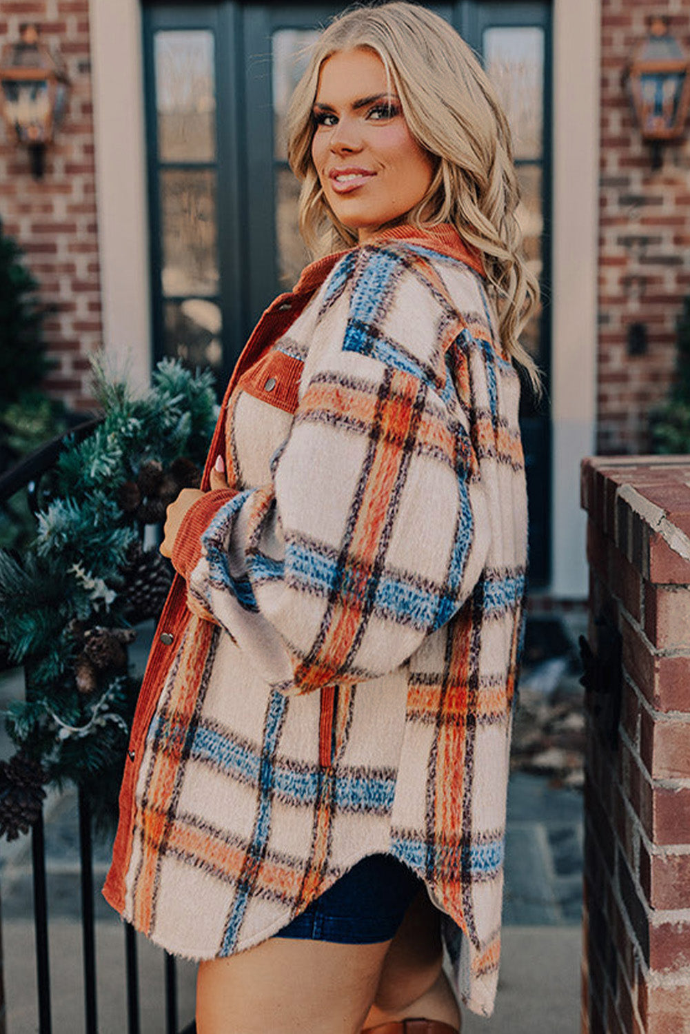 Brown Plaid Print Collared Buttoned Jacket