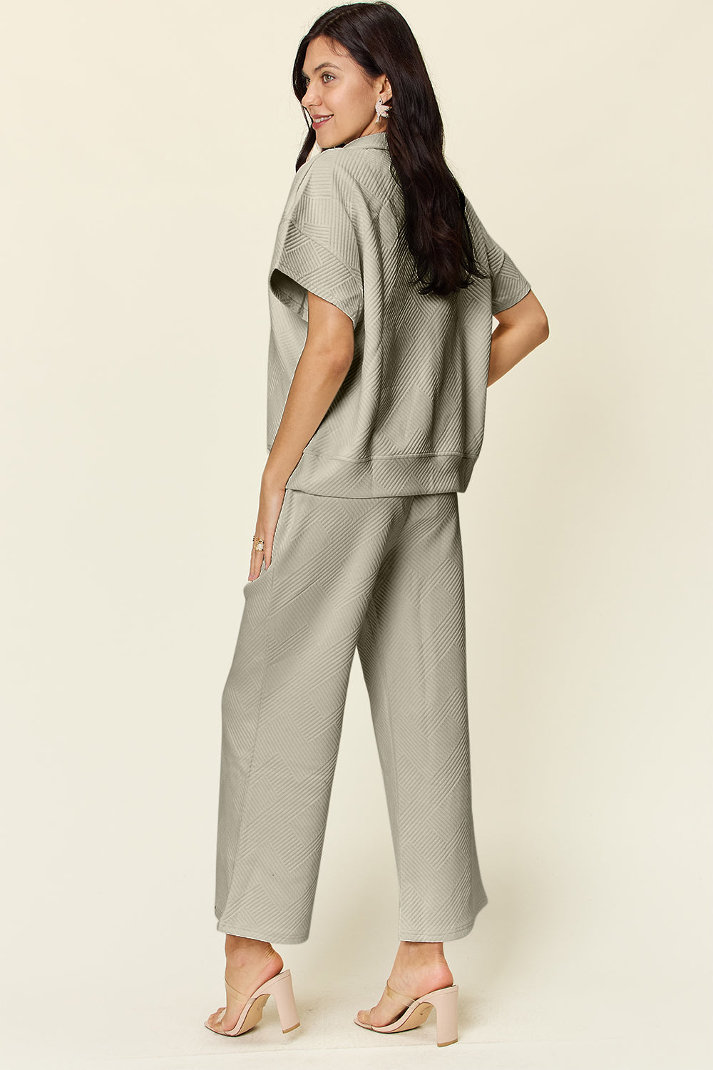 Double Texture Half Zip Short Sleeve Top and Pants Set