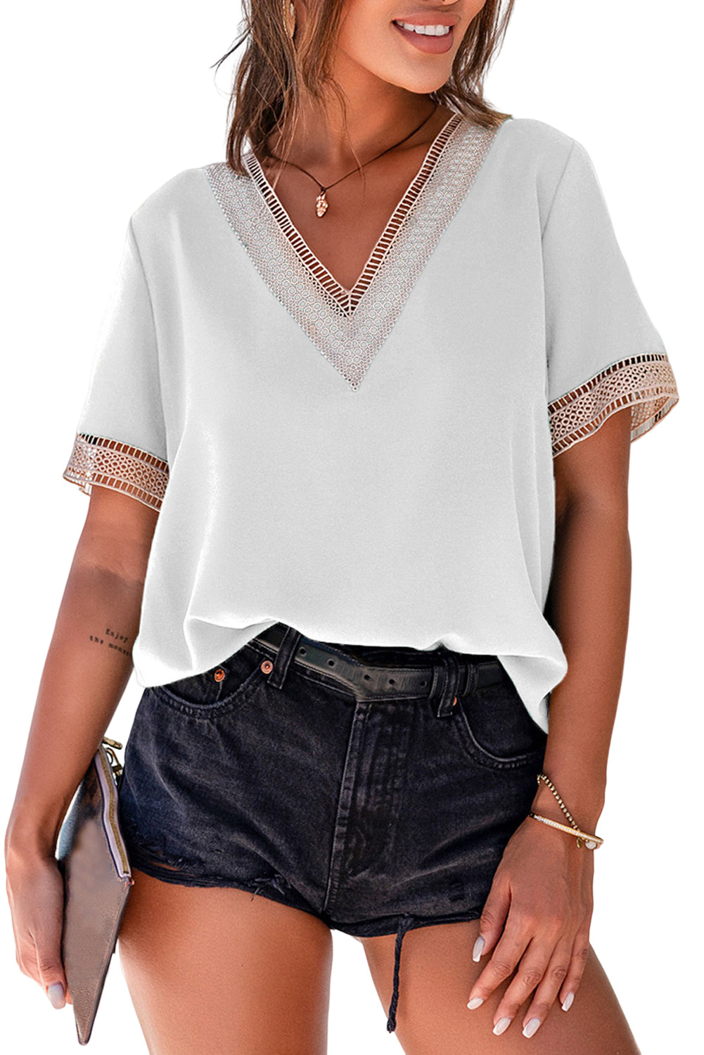 Lace Trim V Neck Short Sleeve Blouse