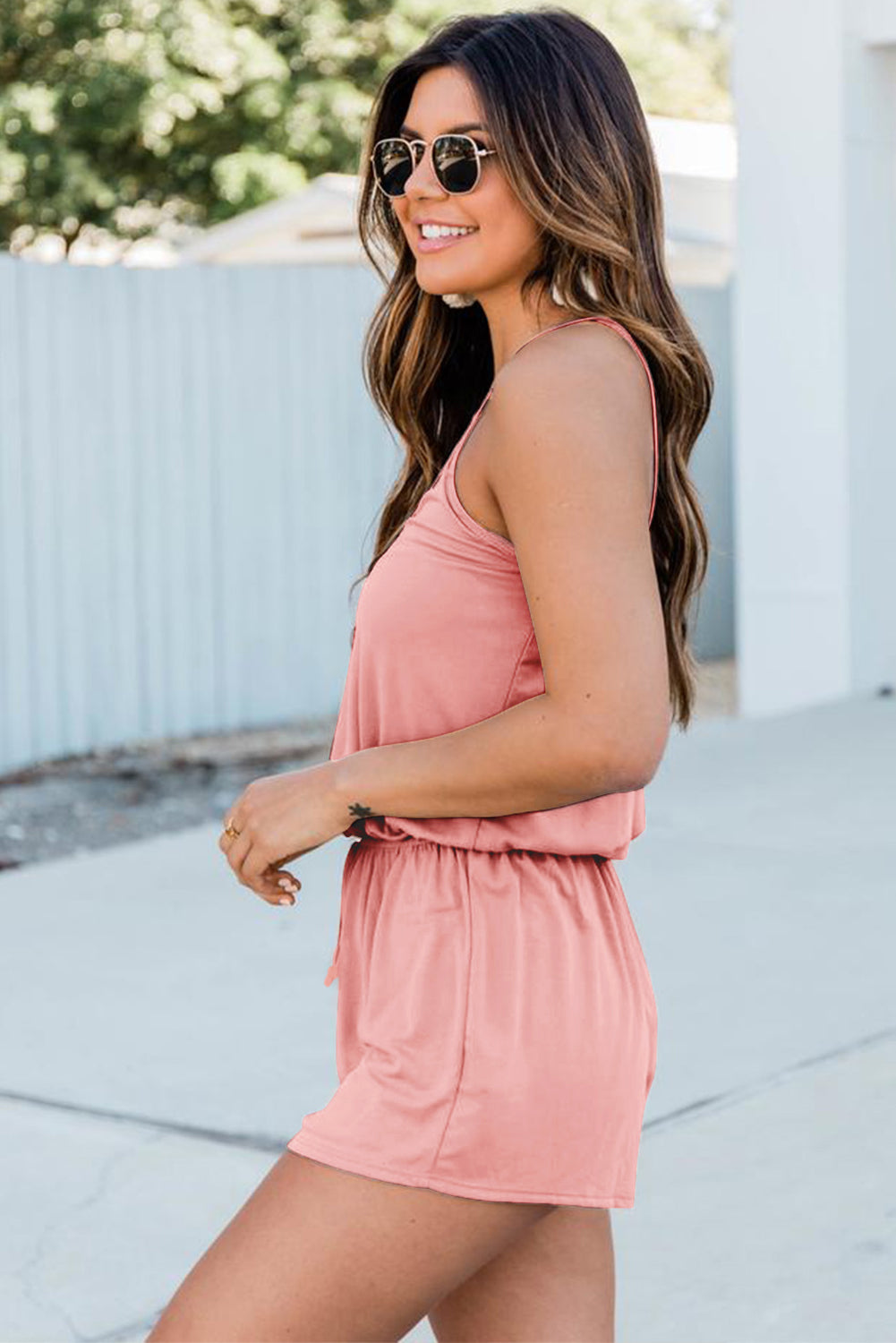 Khaki Spaghetti Straps V Neck Crisscross Back Romper