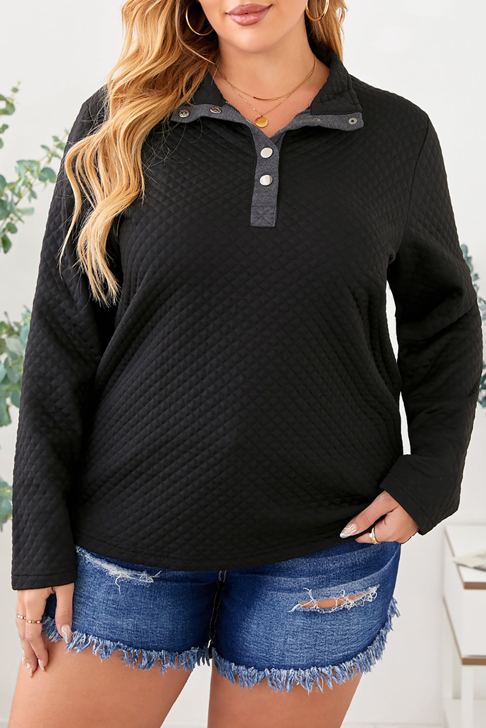 Black Quilted Button Up Henley Sweatshirt