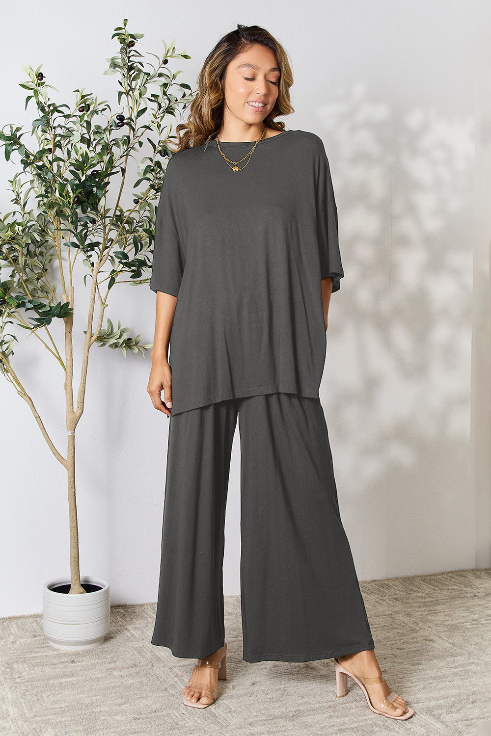 Double Take  Round Neck Slit Top and Pants Set