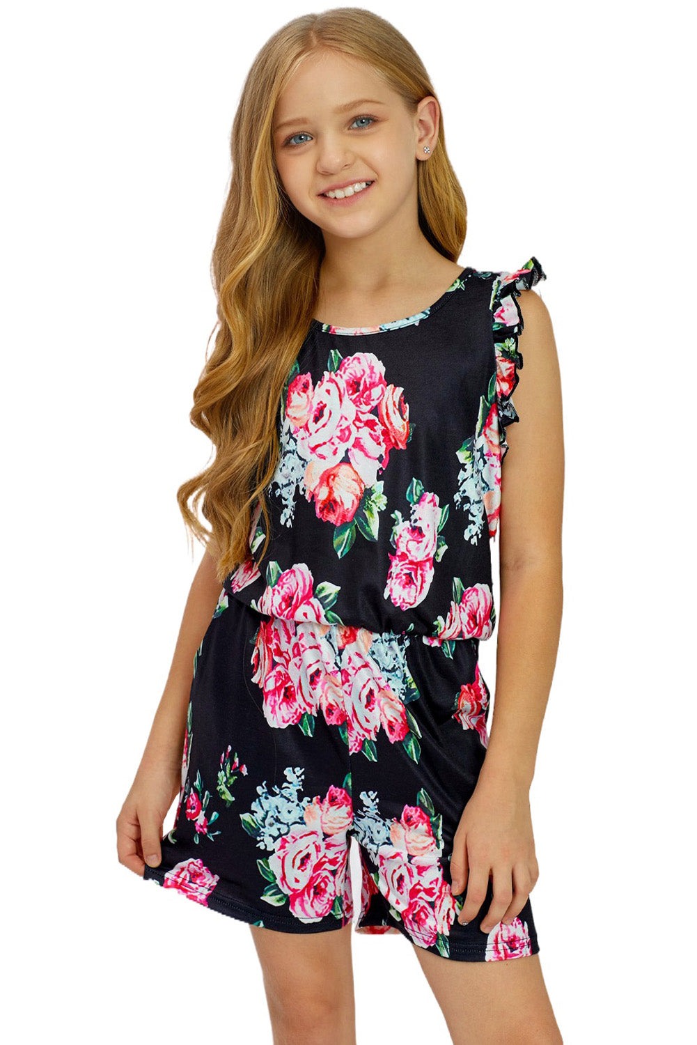 Floral Print Ruffled Sleeveless Girls Romper