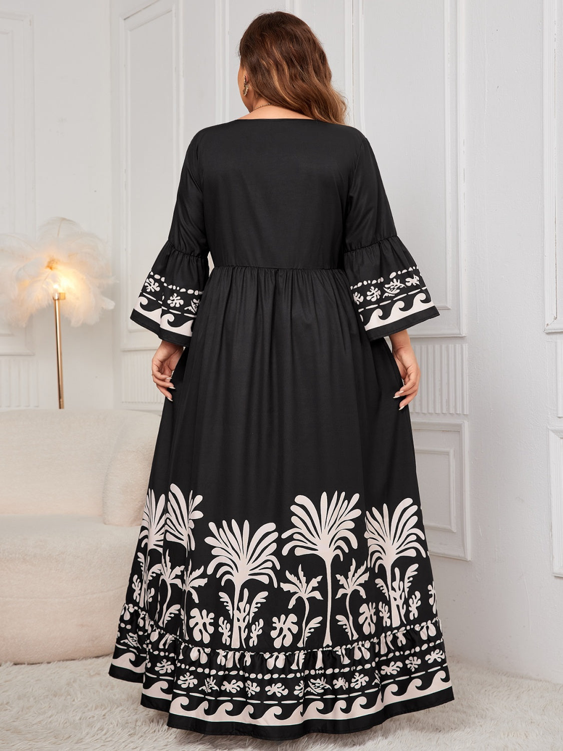 Printed V-Neck Long Sleeve Maxi Dress