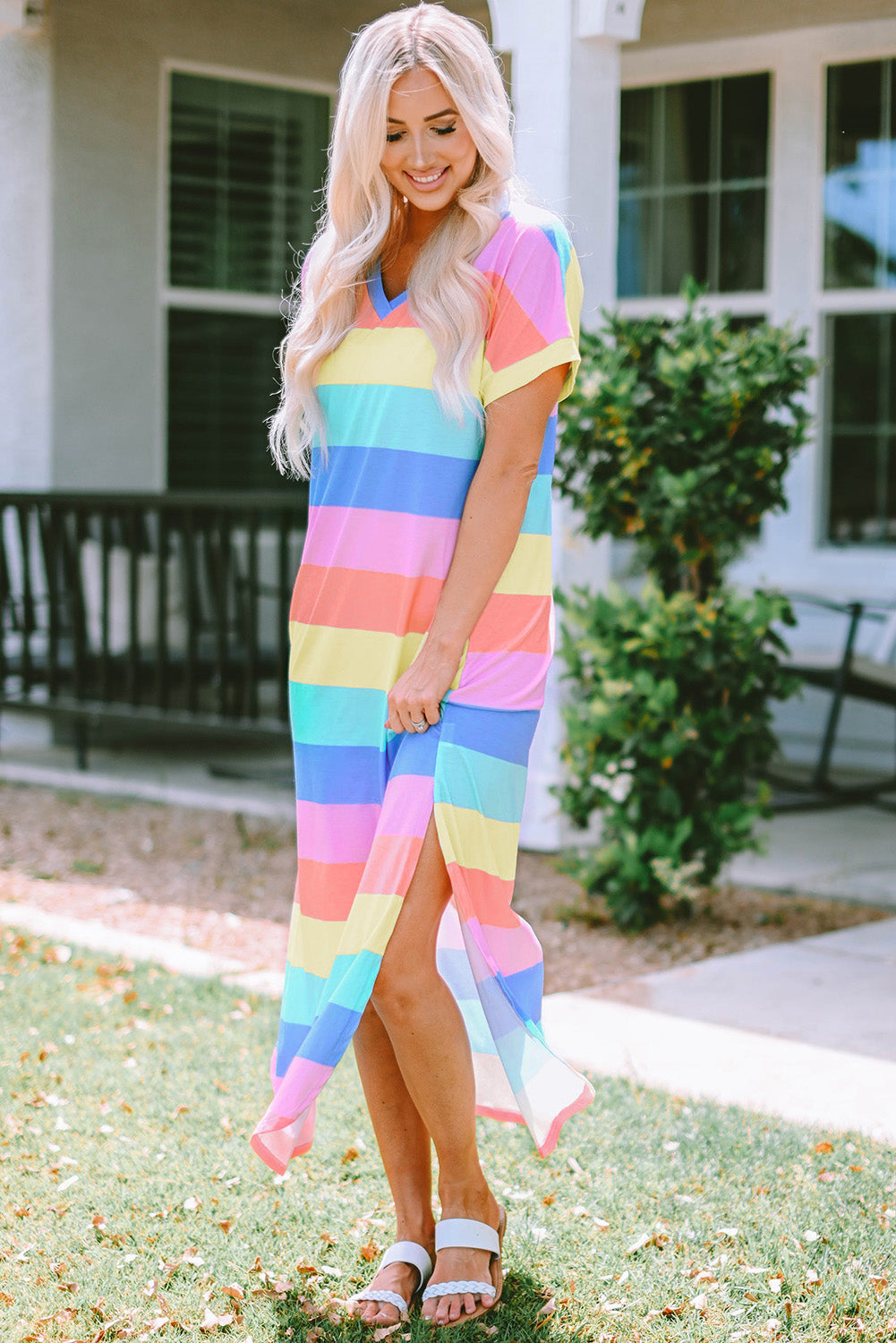 Multicolor Colorblock Pocketed V Neck T-shirt Dress