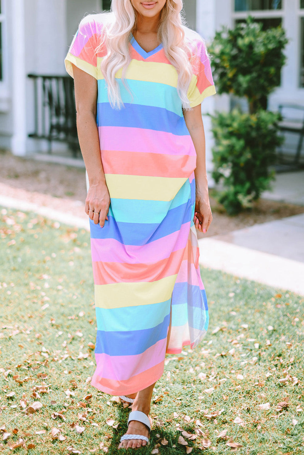 Multicolor Colorblock Pocketed V Neck T-shirt Dress