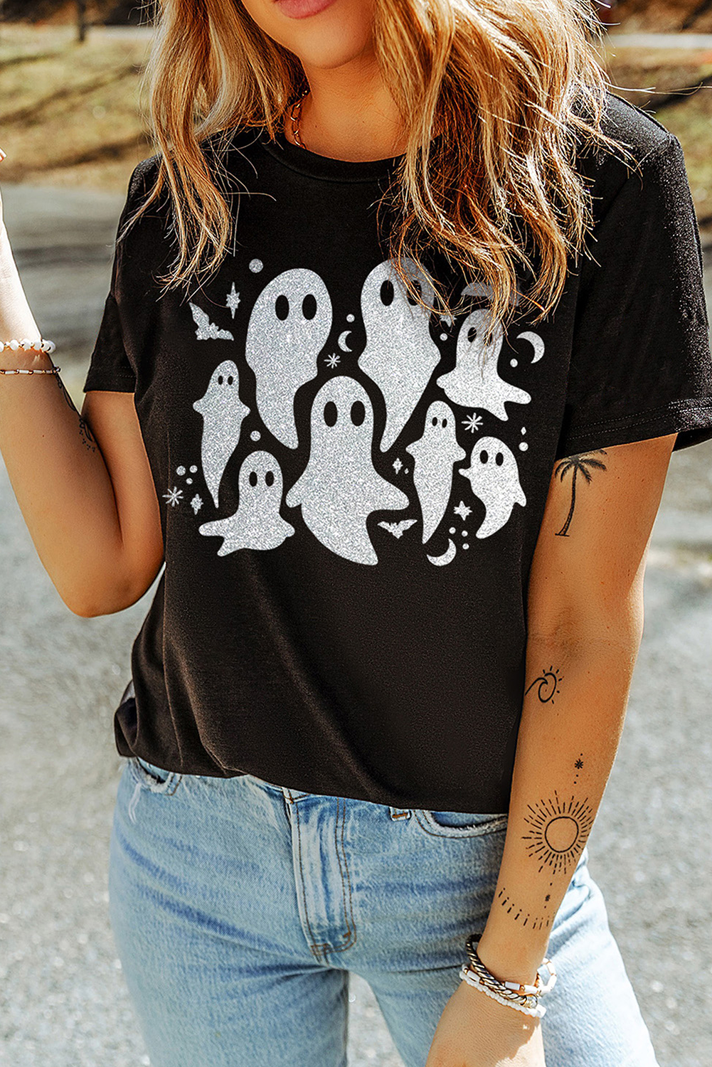 Black Halloween Glitter Ghost T Shirt