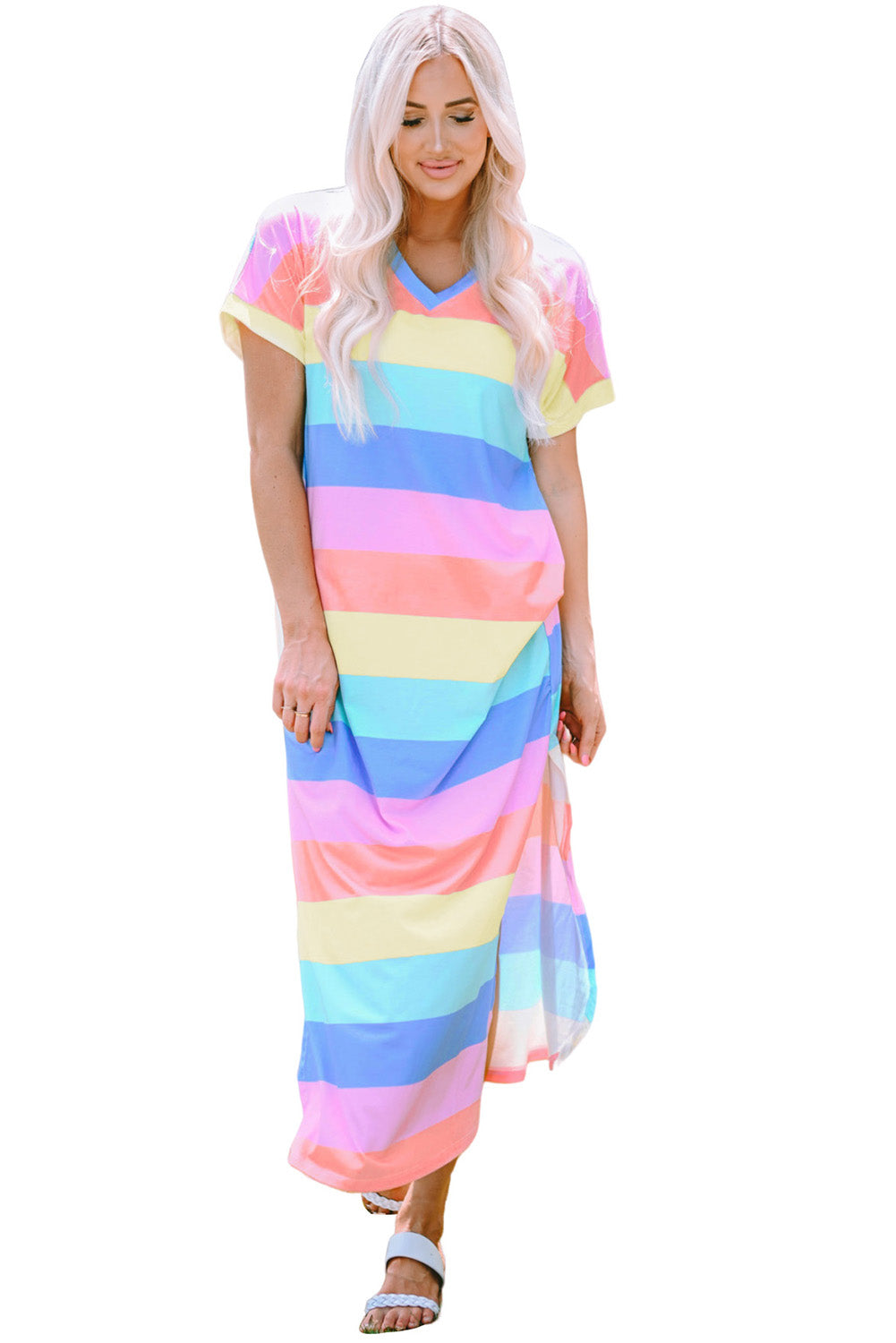 Multicolor Colorblock Pocketed V Neck T-shirt Dress