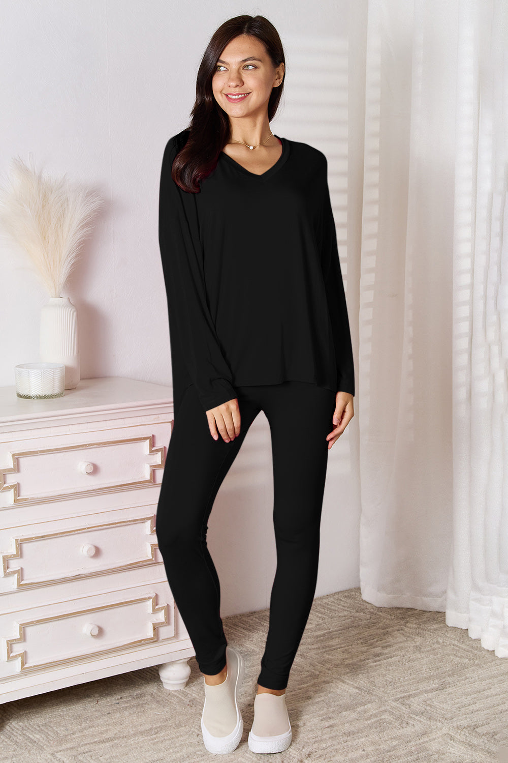 Basic V-Neck Long Sleeve Top and Pants Lounge Set