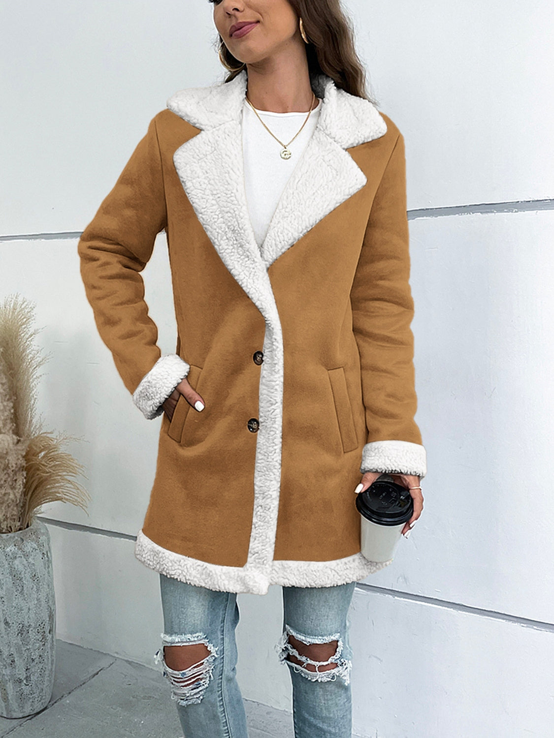 Button Up Lapel Collar Long Sleeve Coat