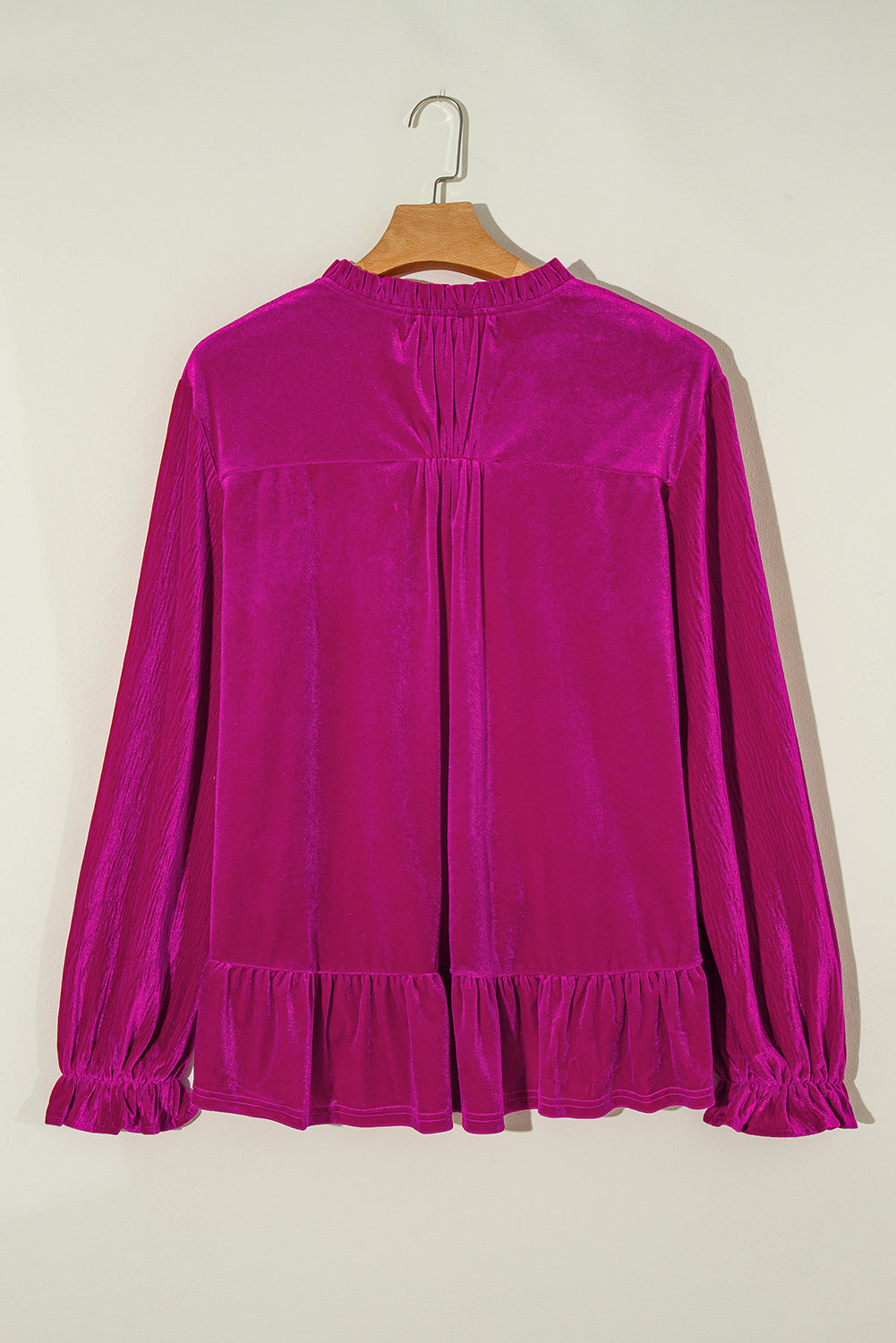 Bright Pink Ruffled Sleeve V Neck Velvet Blouse