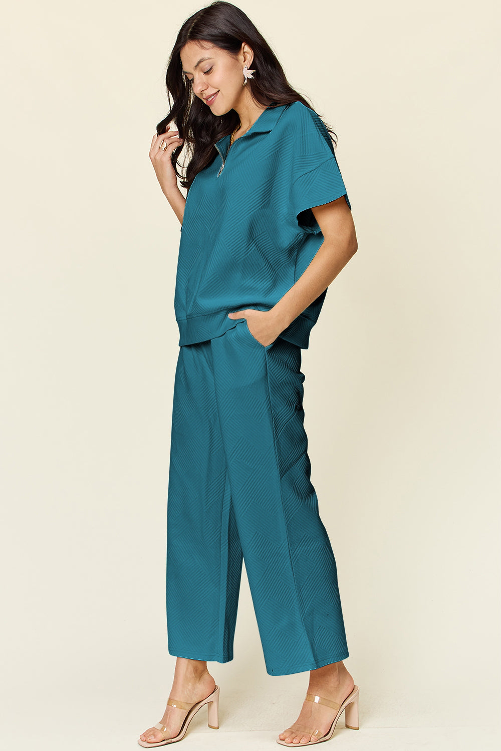 Double Texture Half Zip Short Sleeve Top and Pants Set