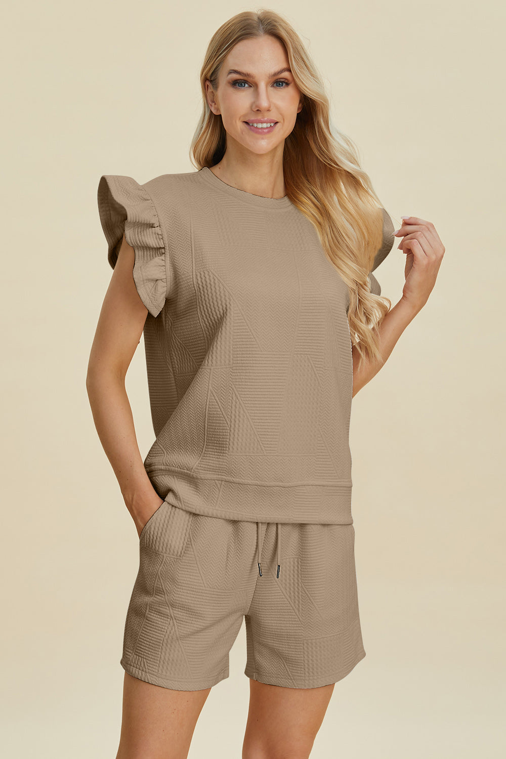 Texture Round Neck Ruffle Sleeve Top and Shorts Set