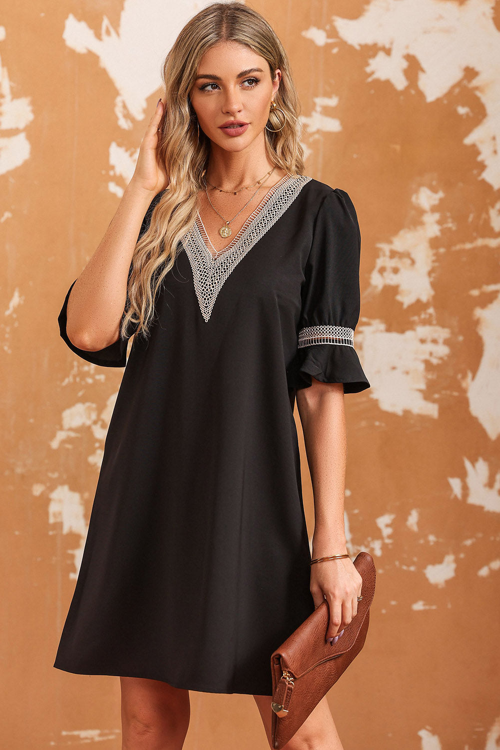 Lace Trim V Neck Short Sleeve Blouse