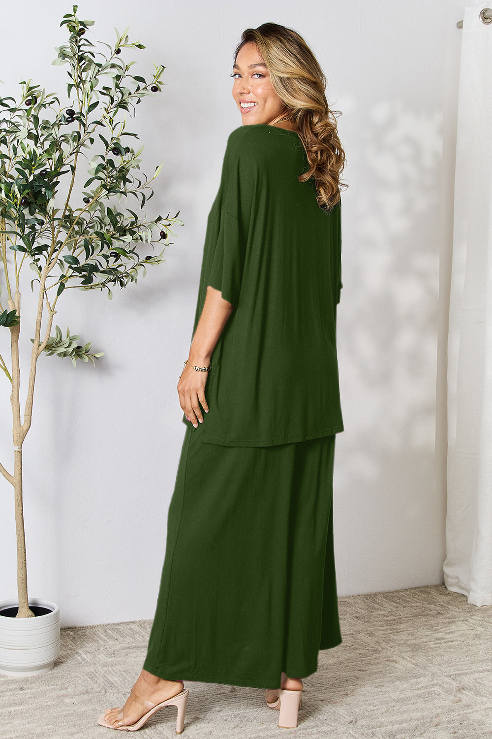 Double Take  Round Neck Slit Top and Pants Set