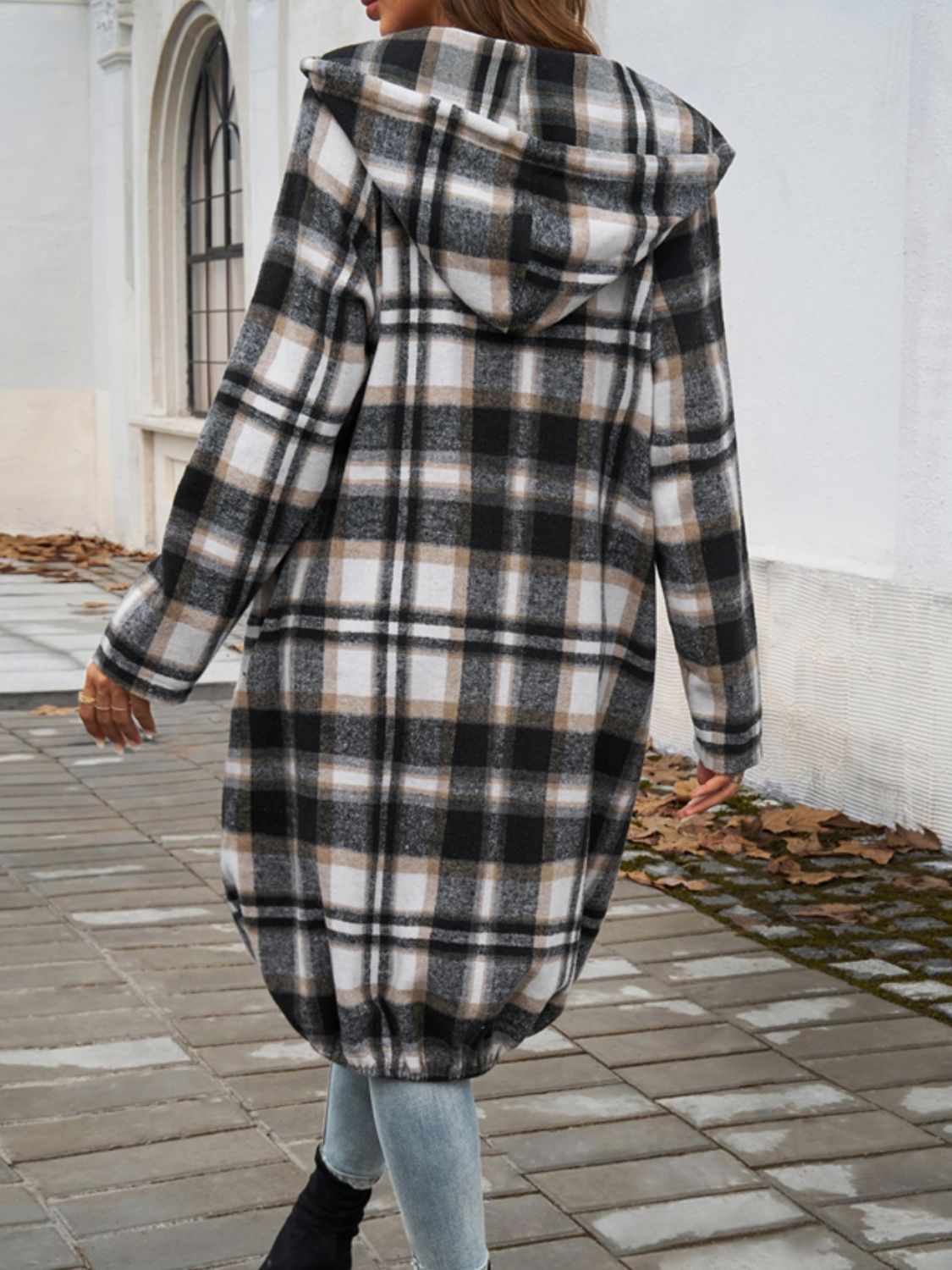 Plaid Zip Up Hooded Mid length Shacked