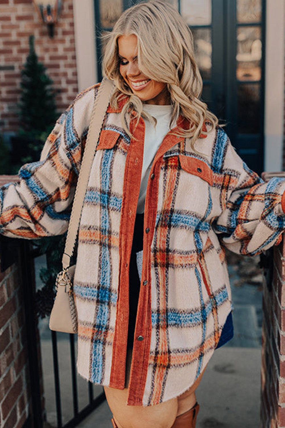 Brown Plaid Print Collared Buttoned Jacket