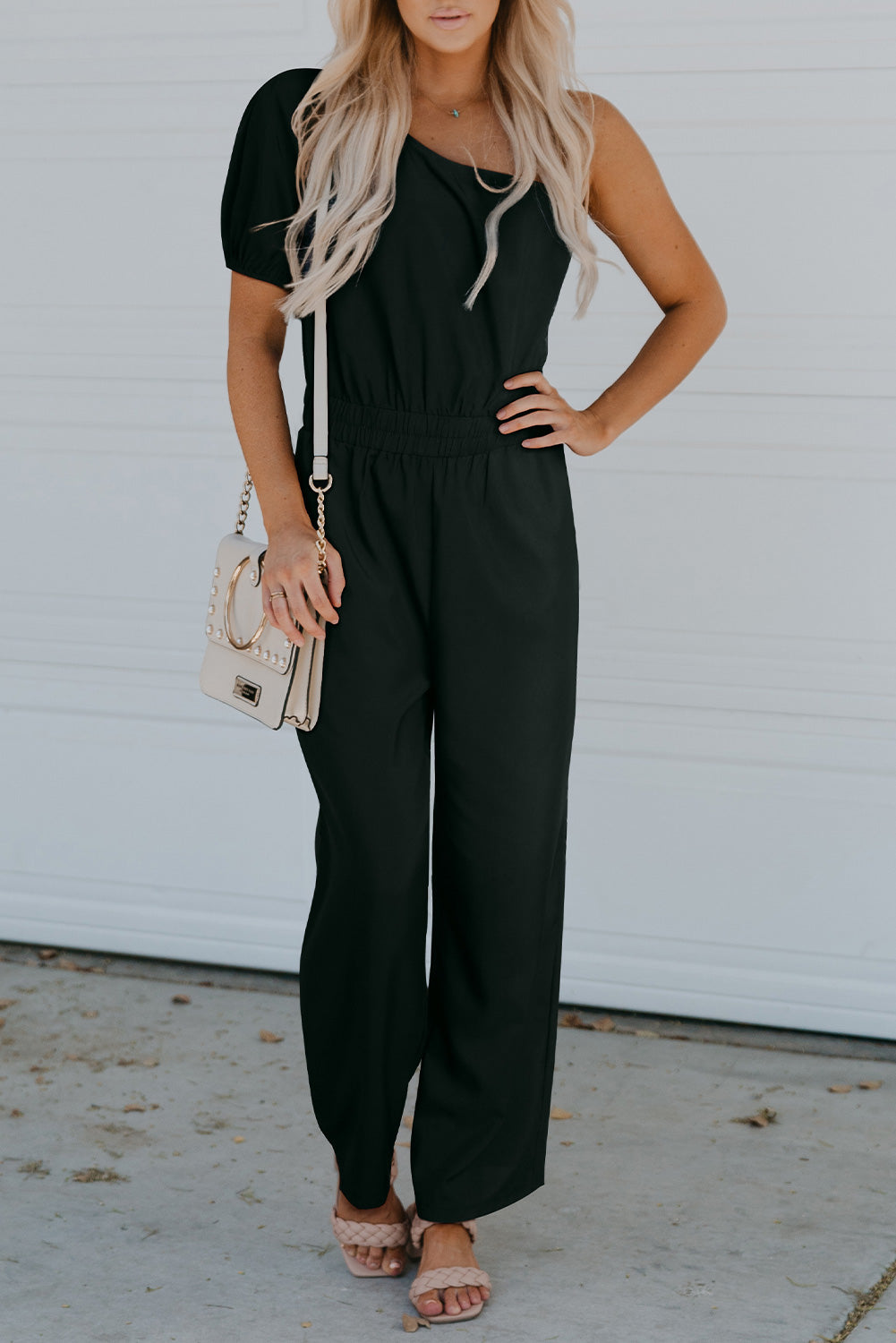 One Shoulder Puff Sleeve Elastic High Waist Jumpsuit