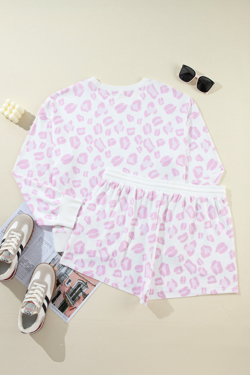 Pink Leopard Print Long Sleeve Top Shorts Set