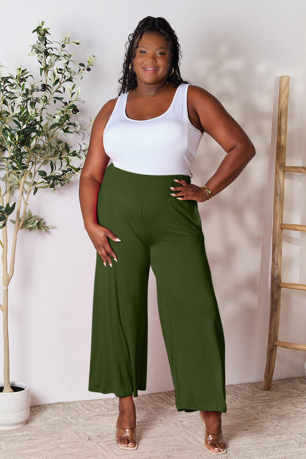 Smocked Wide Waistband Wide Leg Pants