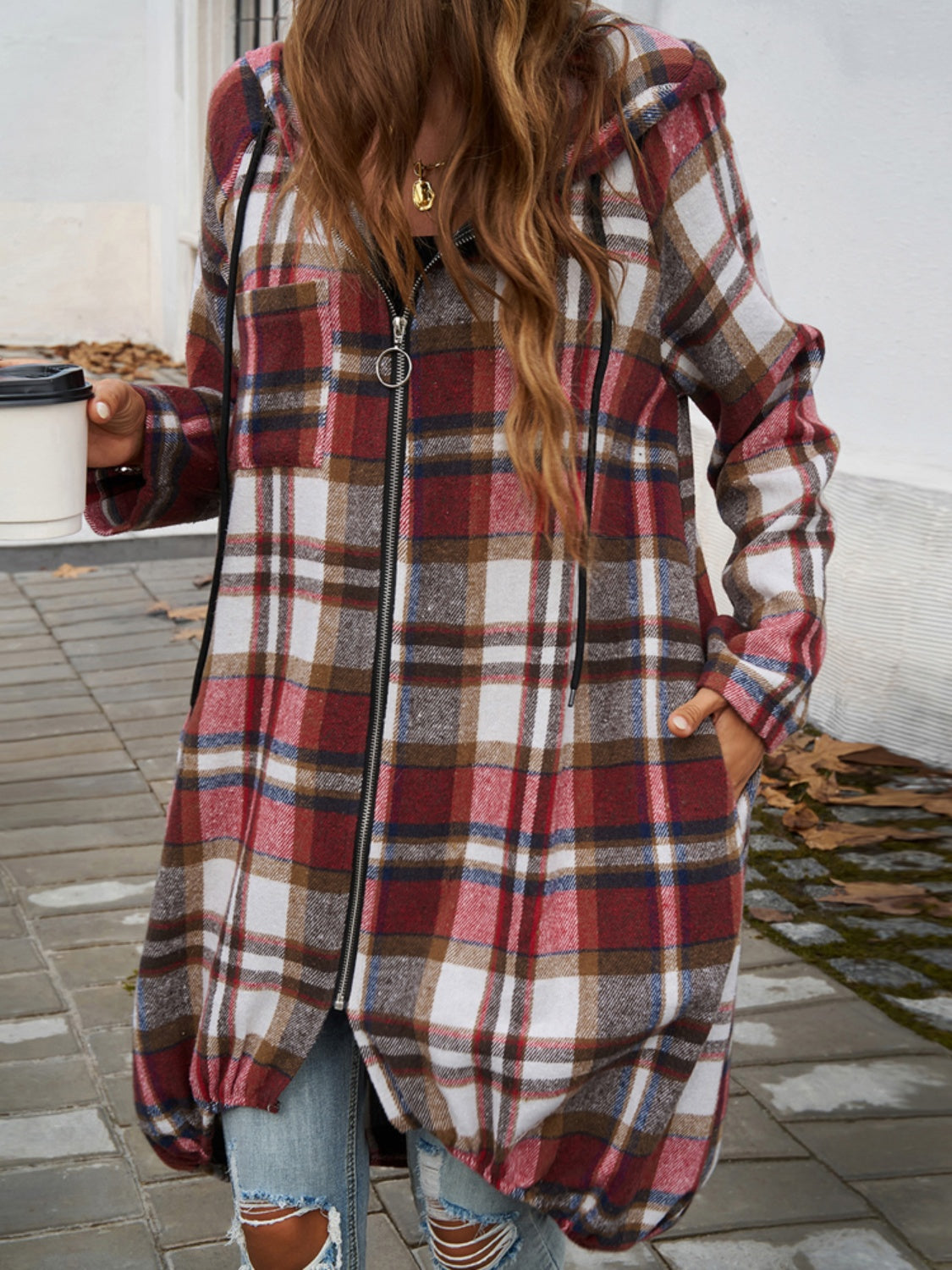 Plaid Zip Up Hooded Mid length Shacked