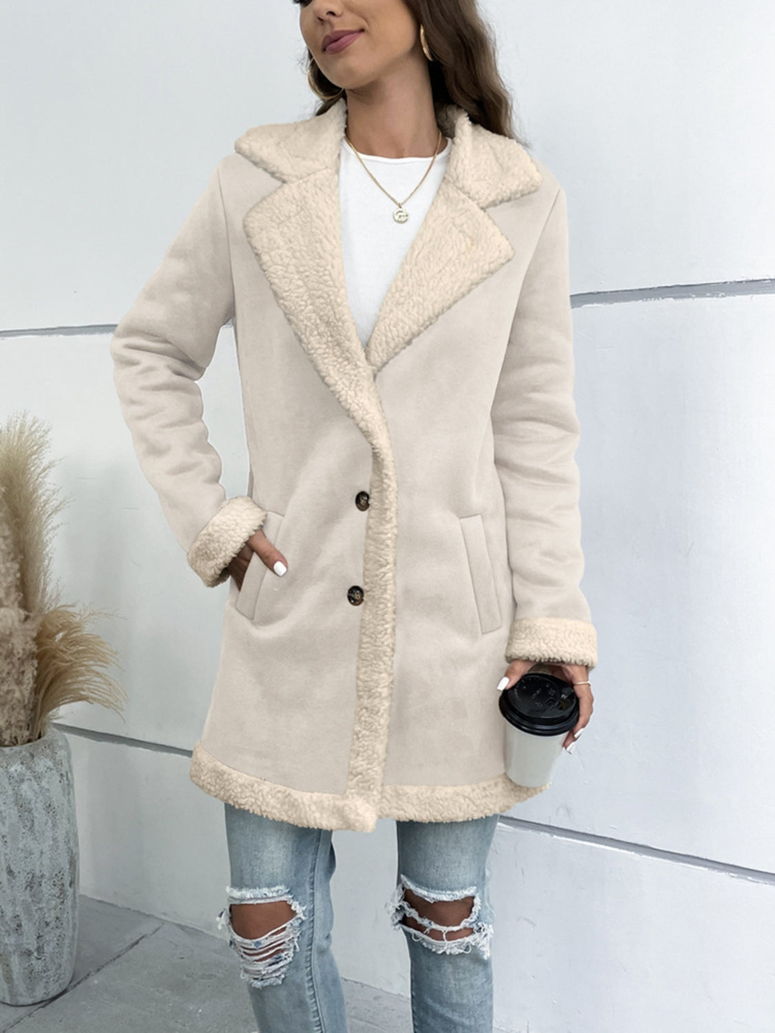 Button Up Lapel Collar Long Sleeve Coat