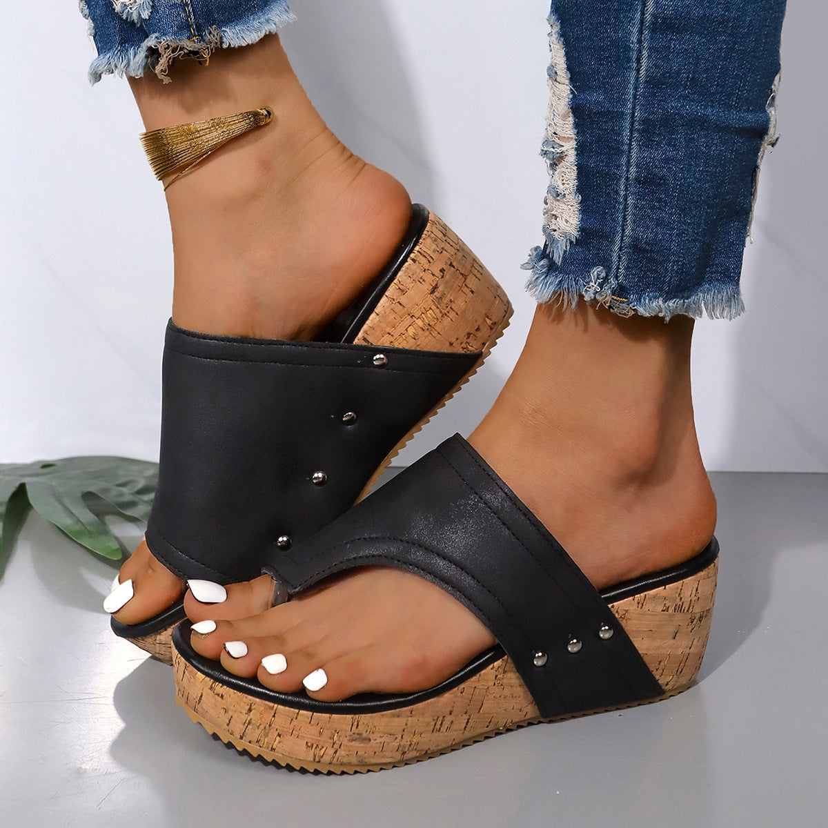 Slip-on Leather Wedge Sandals