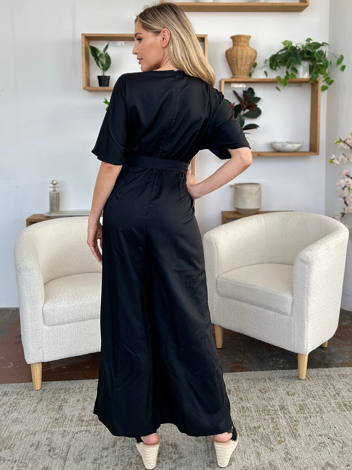 V-Neck Tied Side Slit Jumpsuit