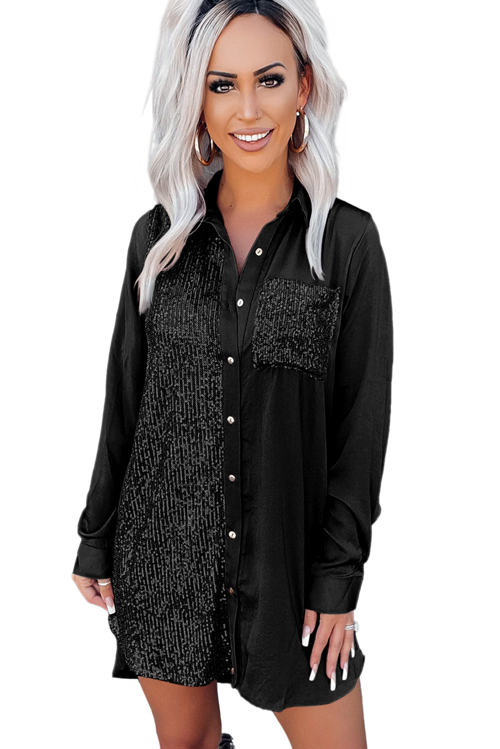 Black Sequin Buttoned Shirt Dress