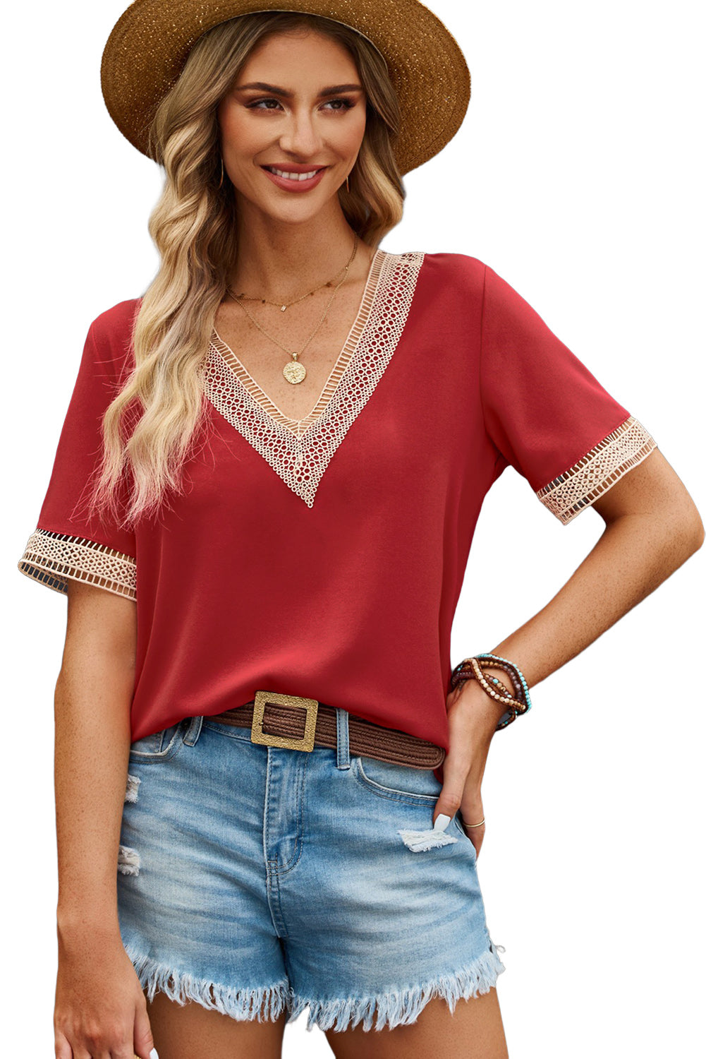 Lace Trim V Neck Short Sleeve Blouse