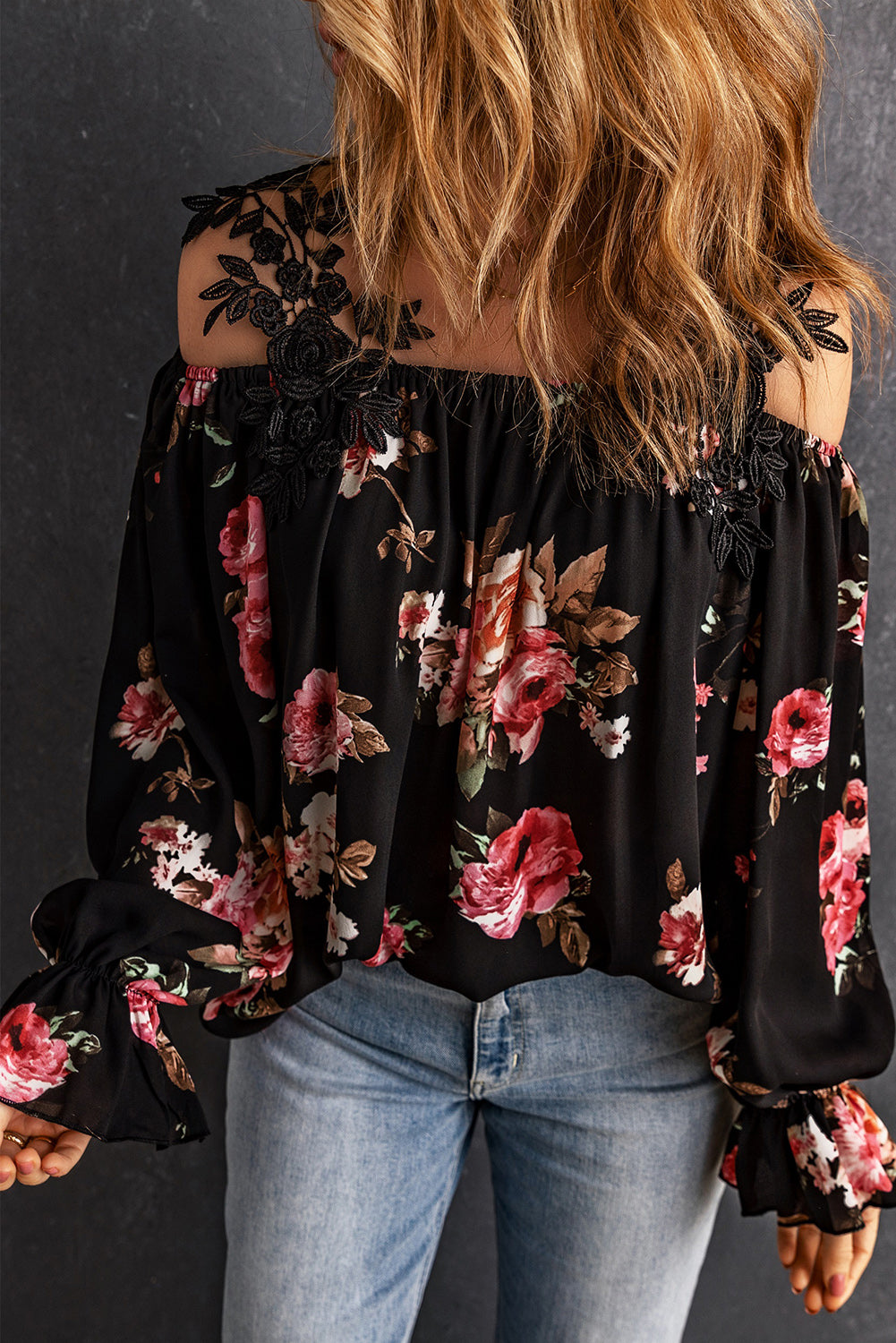 Floral Print Lace Patchwork Loose Cold Shoulder Blouse