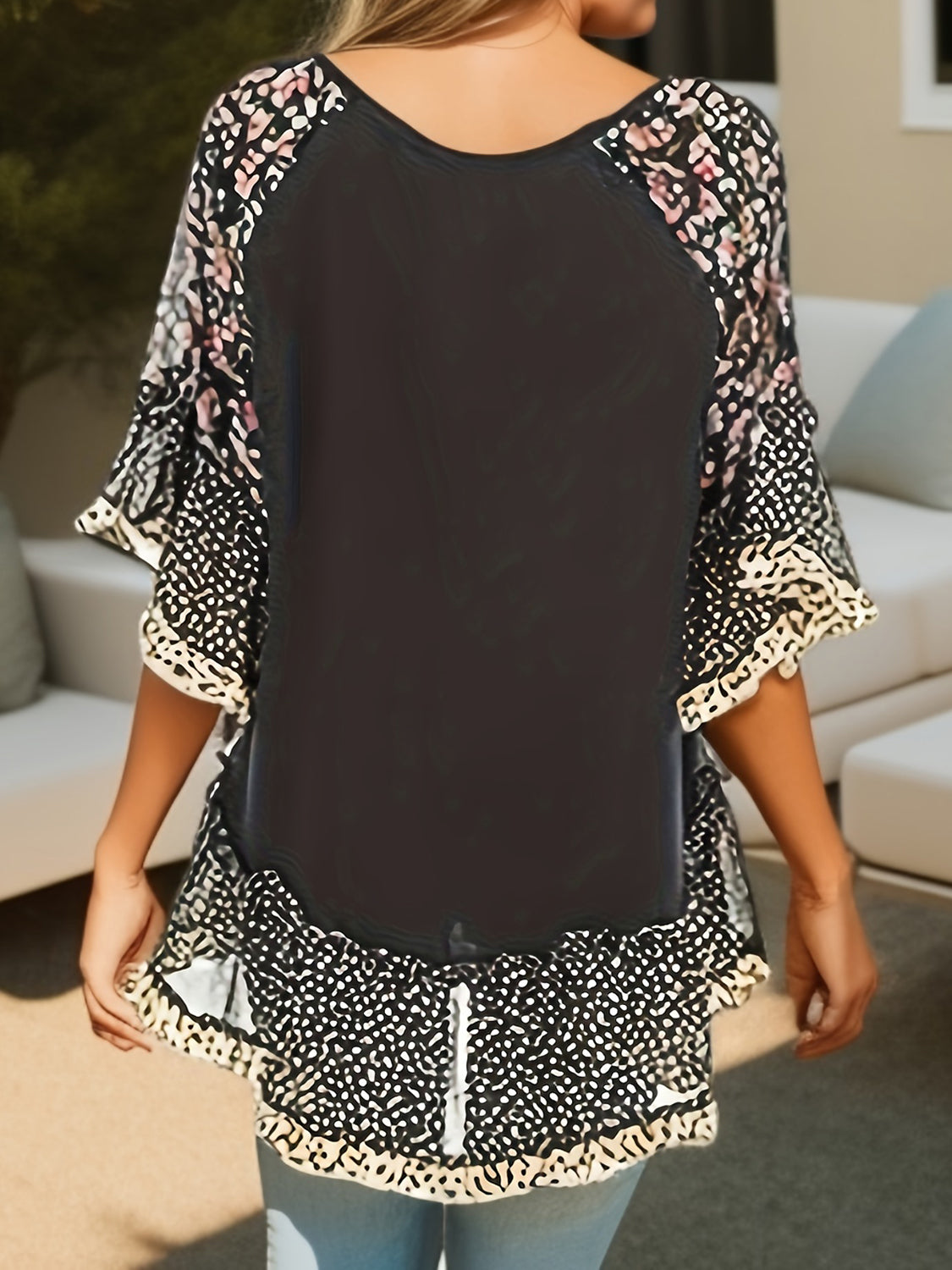 Frill Printed Round Neck Half Sleeve Blouse