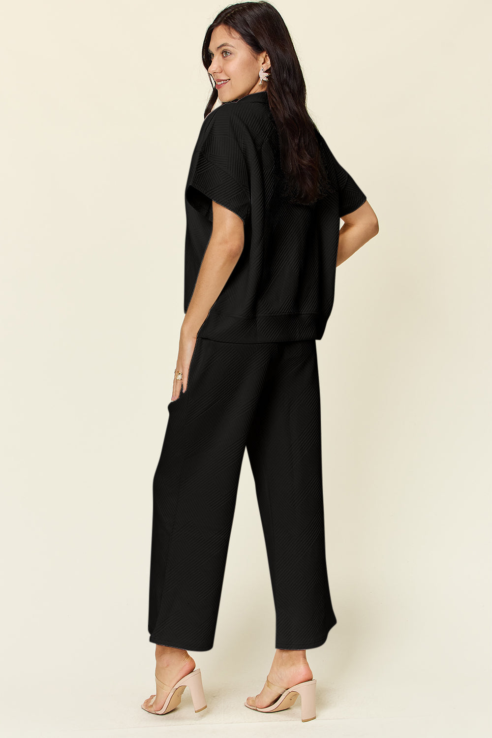 Double Texture Half Zip Short Sleeve Top and Pants Set