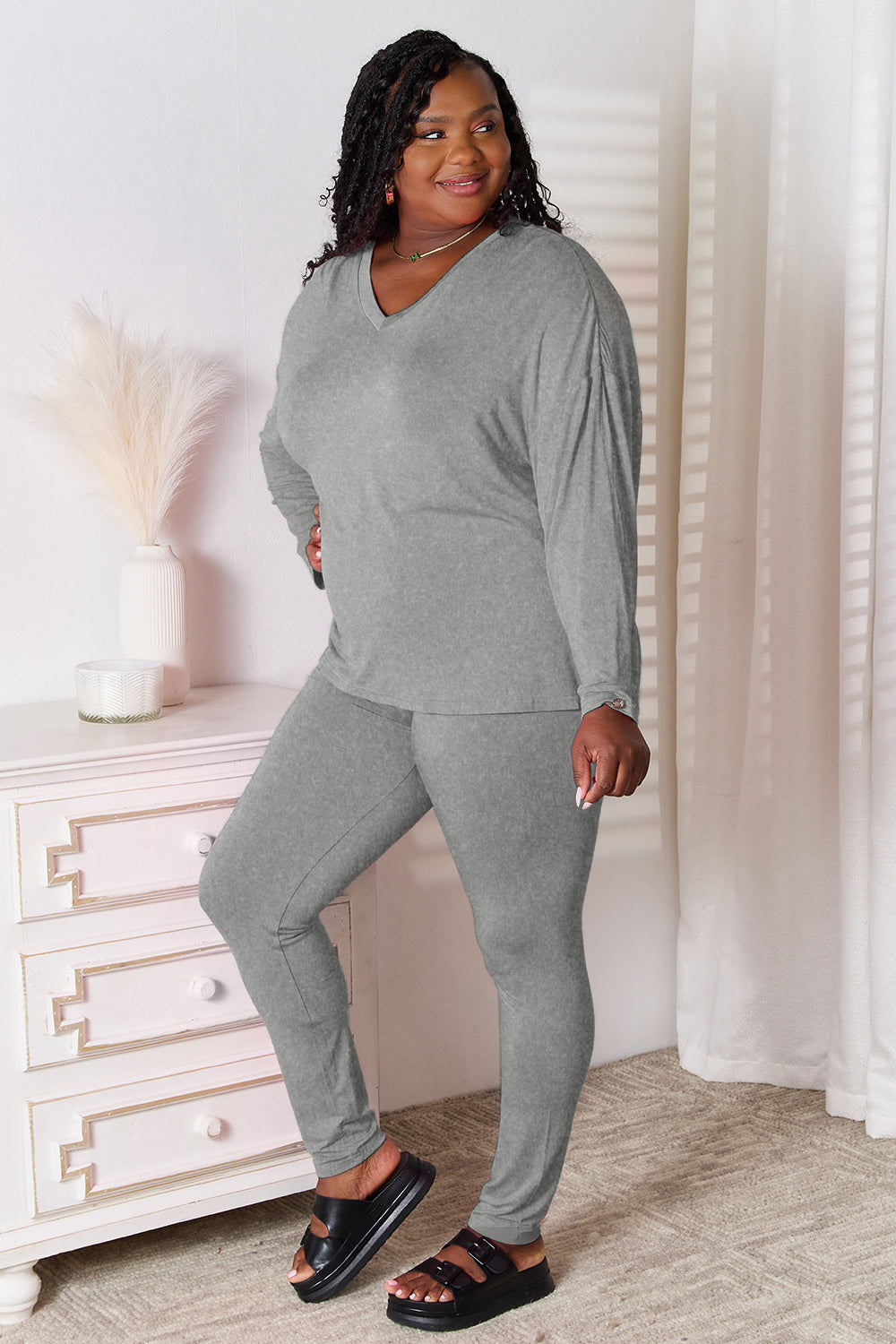 Basic V-Neck Long Sleeve Top and Pants Lounge Set