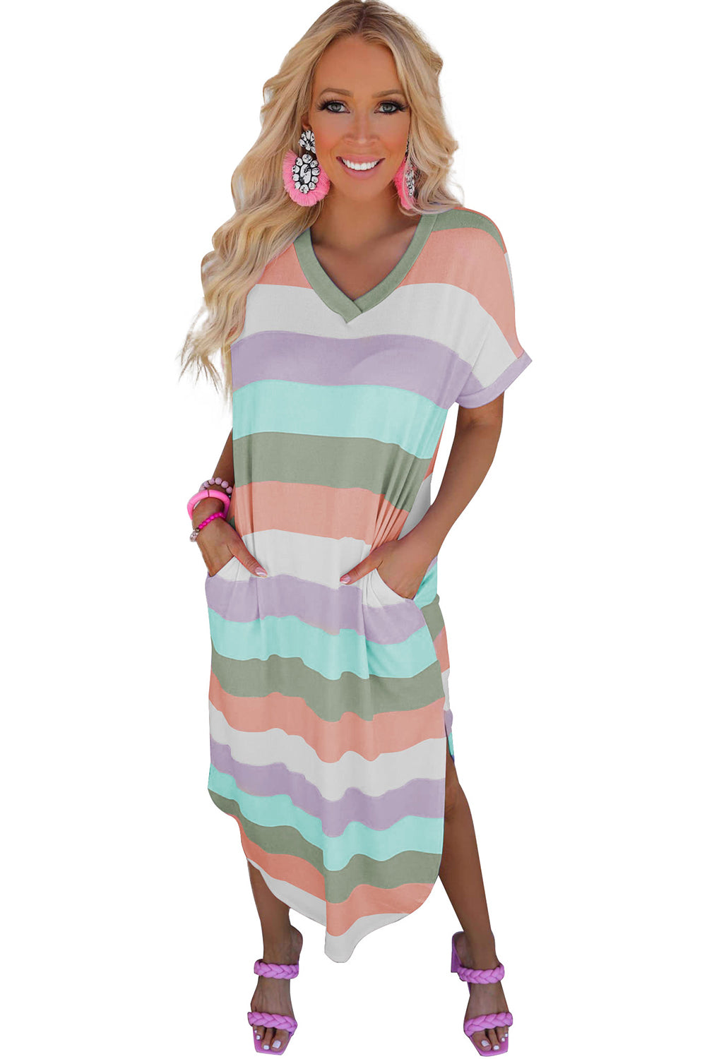 Multicolor Colorblock Pocketed V Neck T-shirt Dress