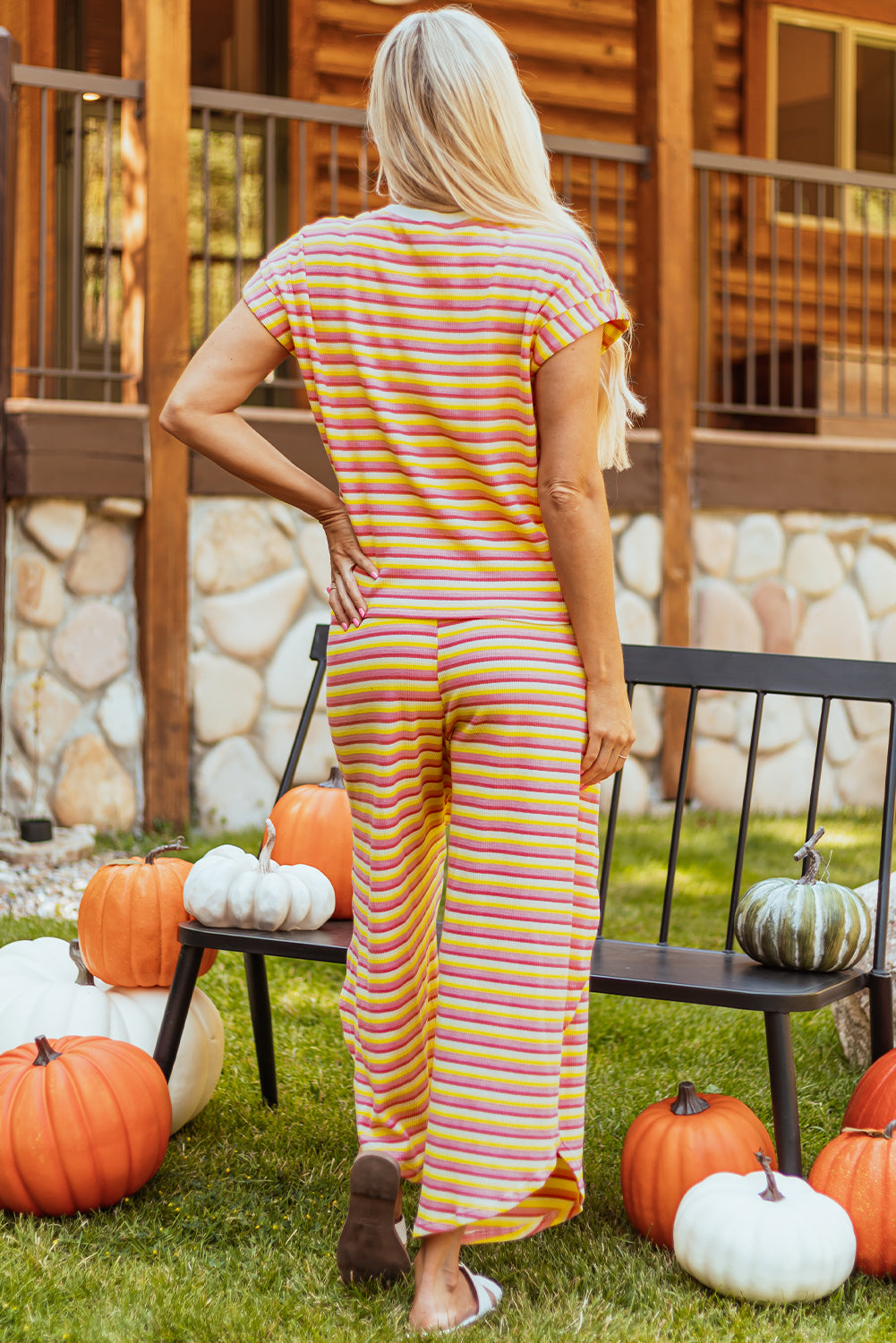 Pink Stripe Rainbow Tee Tasseled String Wide Leg Pants Set