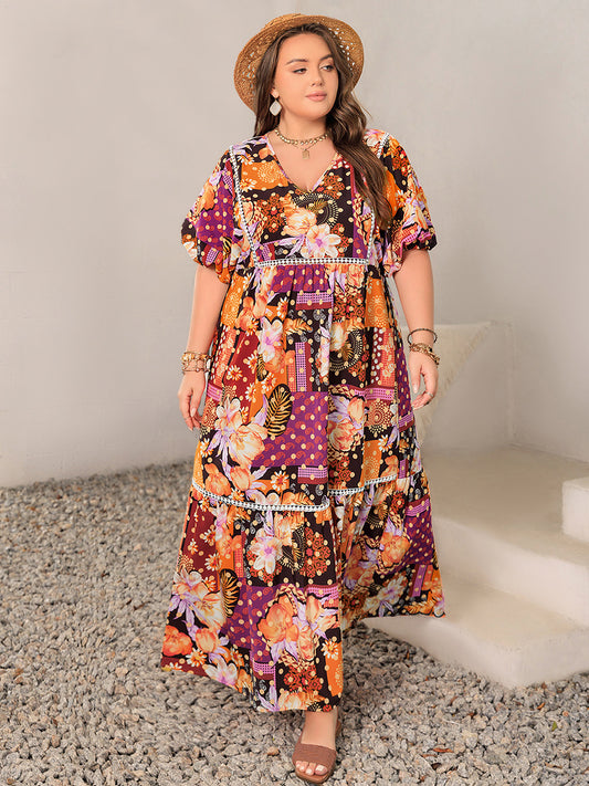 Printed V-Neck Half Sleeve Maxi Dress