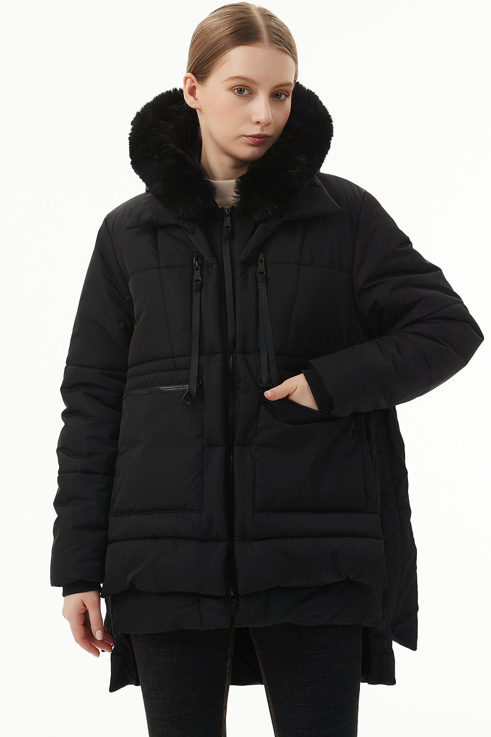 Black Plush Linen Hooded Puffer Coat