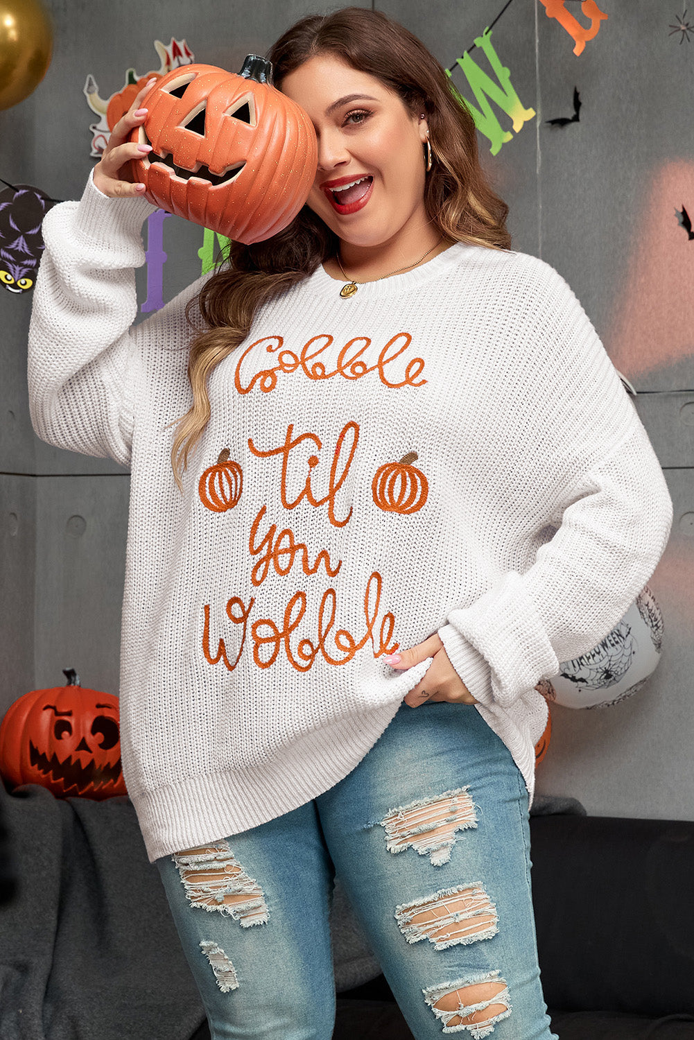 White Gobble Til You Wobble Pop Up Crochet Sweater