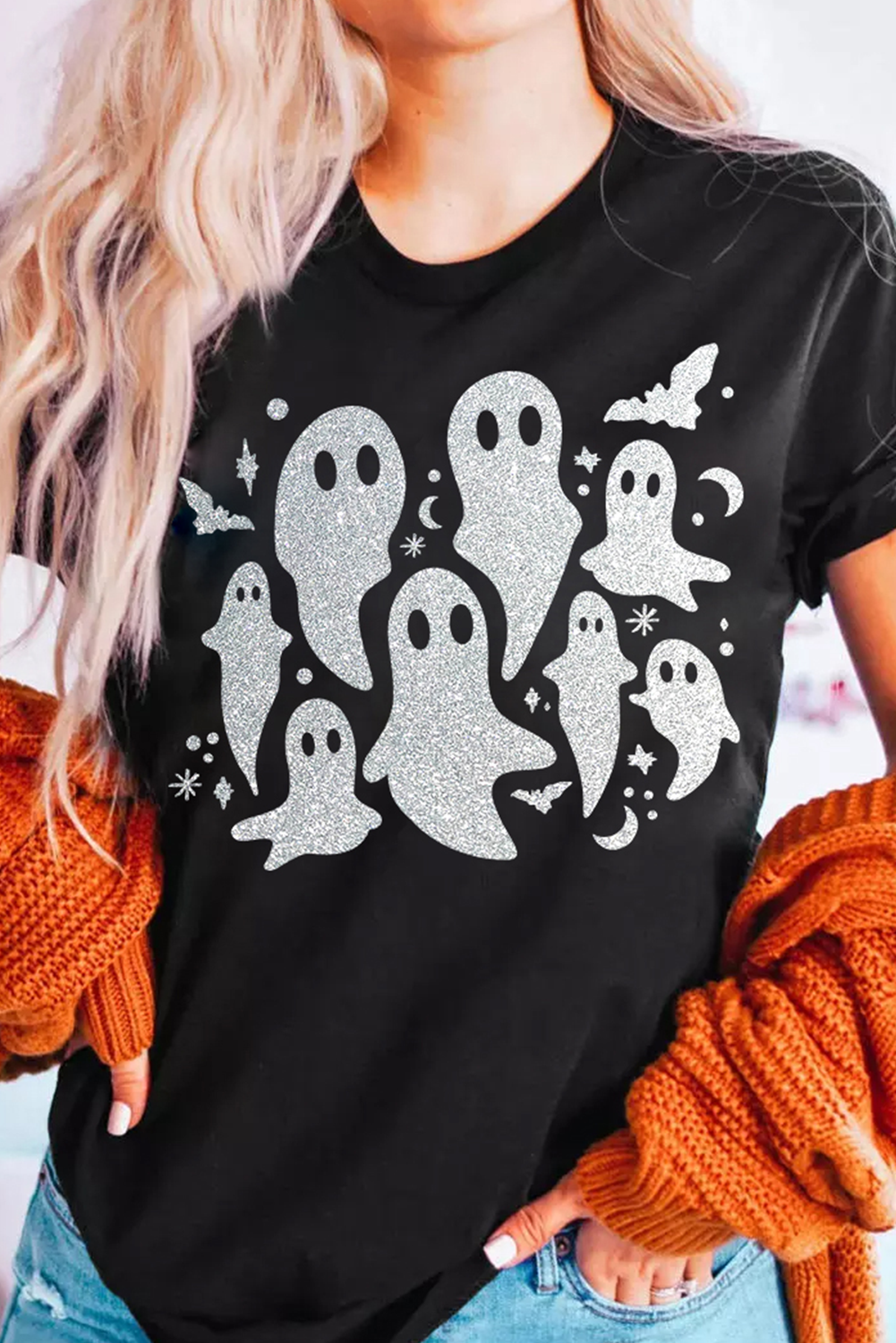 Black Halloween Glitter Ghost T Shirt