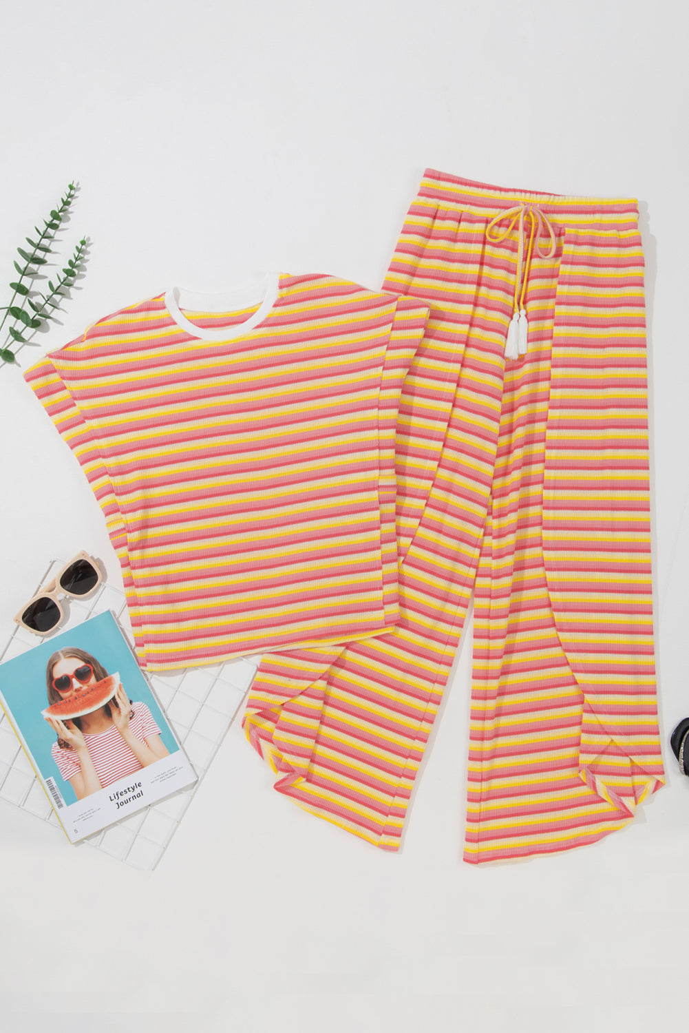 Pink Stripe Rainbow Tee Tasseled String Wide Leg Pants Set