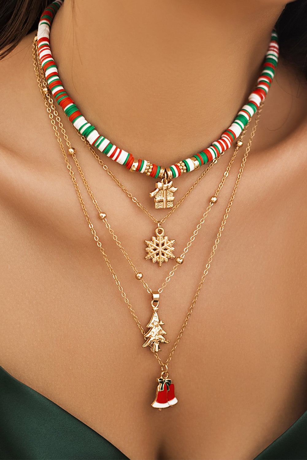 Gold Christmas Pendant Beaded 4pcs Necklace Set