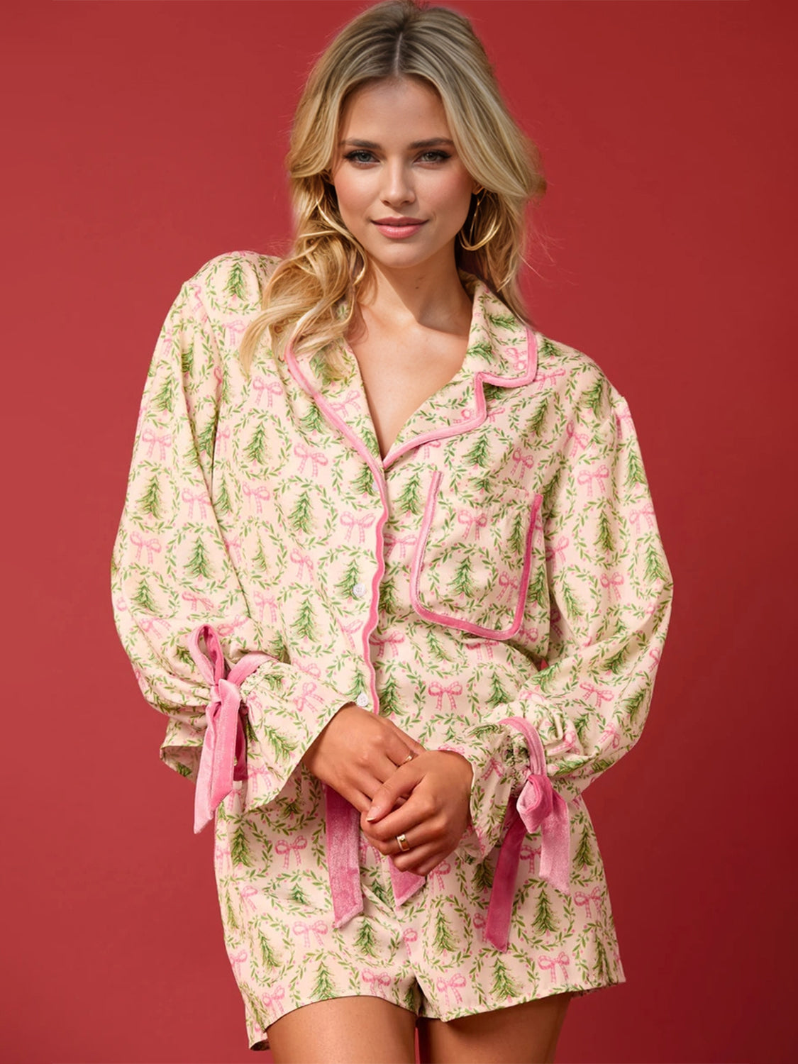 Tied Printed Collared Neck Long Sleeve Pajama Set