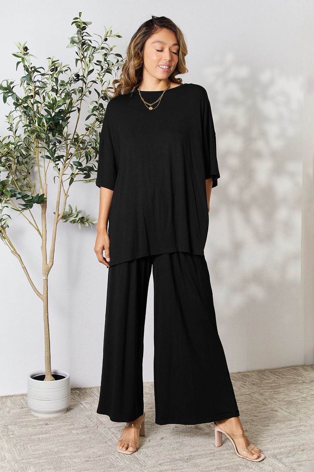 Double Take  Round Neck Slit Top and Pants Set