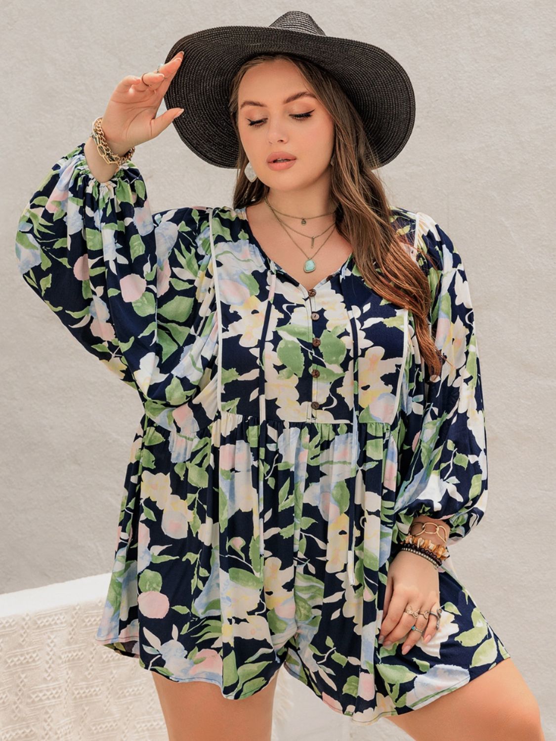 Tied Printed Long Sleeve Romper